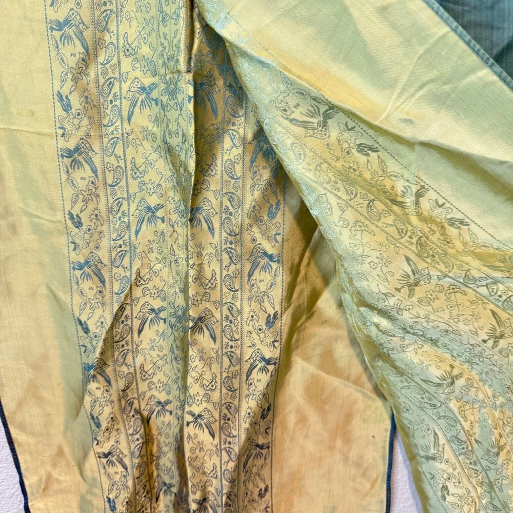Vintage 100% Silk Ombre Scarf Teal Green Gold Bird Paisley Floral Fringe Wrap